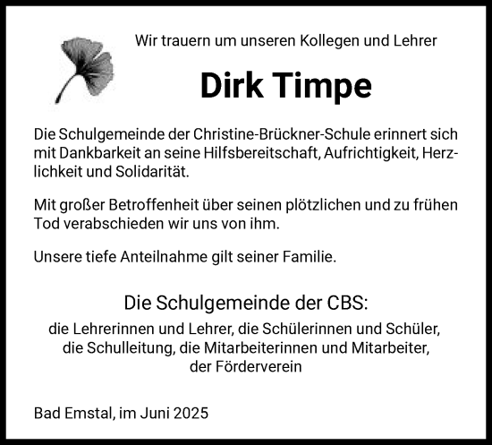 Traueranzeige von Dirk Timpe von HNAHNA