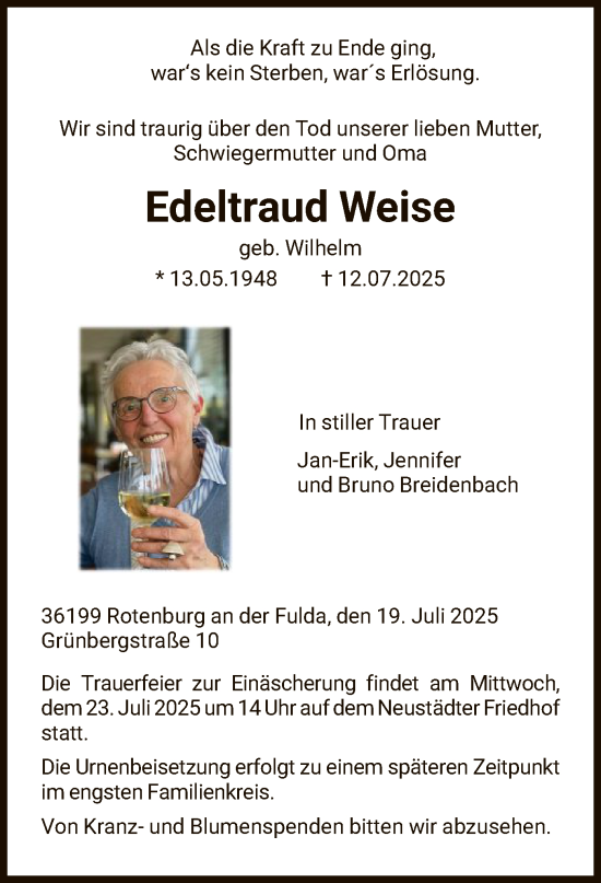 Traueranzeige von Edeltraud Weise von HNA