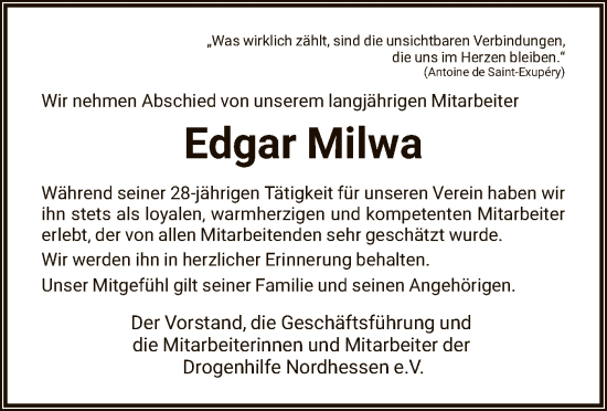 Traueranzeige von Edgar Milwa von HNA