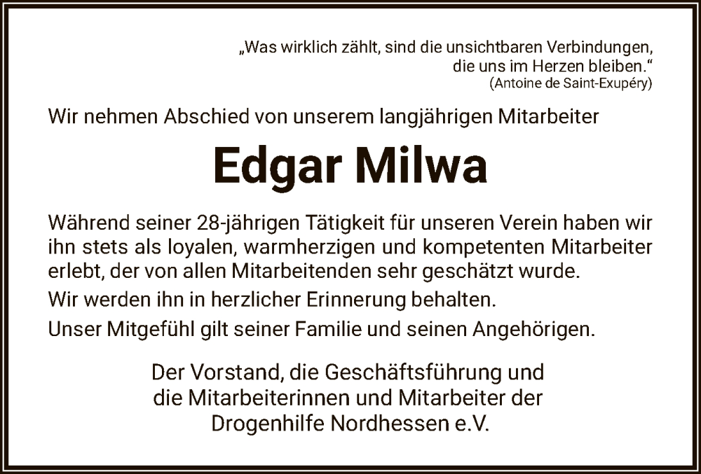  Traueranzeige für Edgar Milwa vom 05.07.2025 aus HNA