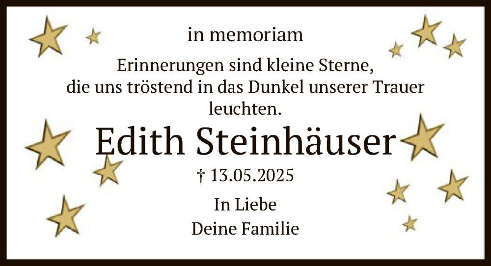  Traueranzeige für Edith Steinhäuser vom 30.06.2025 aus HNAHNA