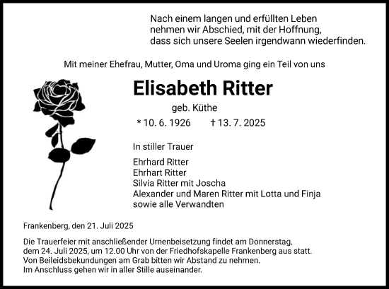 Traueranzeige von Elisabeth Ritter von HNA