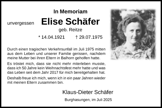 Traueranzeige von Elise Schäfer von HNA