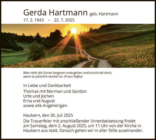 Traueranzeige von Gerda Hartmann von HNA