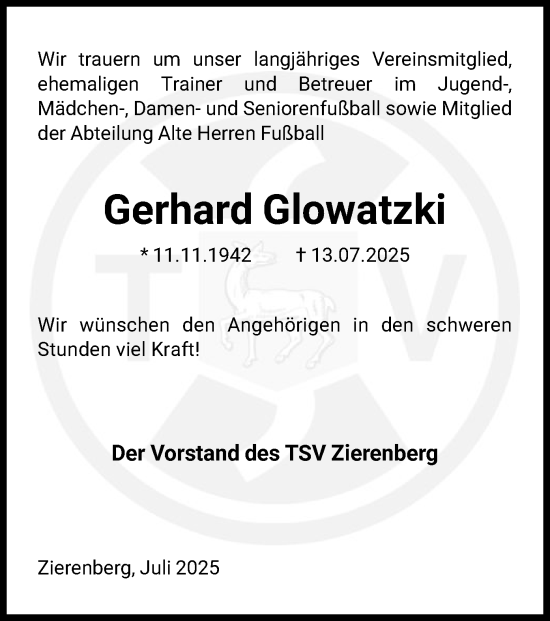 Traueranzeige von Gerhard Glowatzki von HNA
