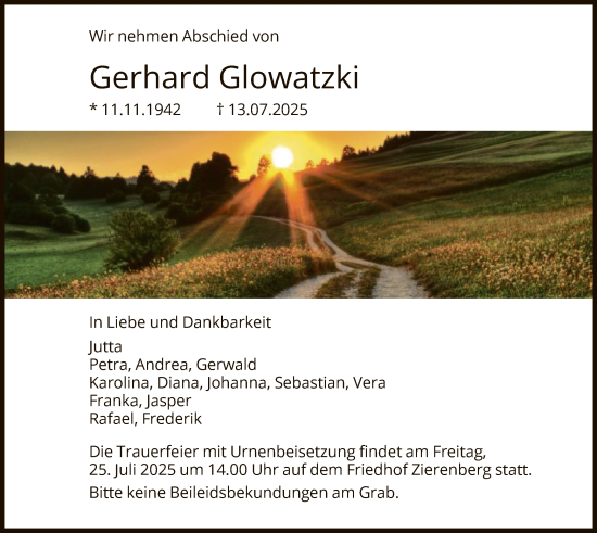 Traueranzeige von Gerhard Glowatzki von HNA