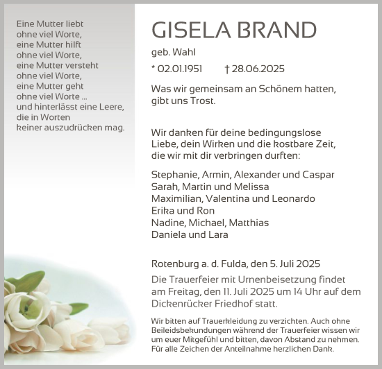 Traueranzeige von Gisela Brand von HNA