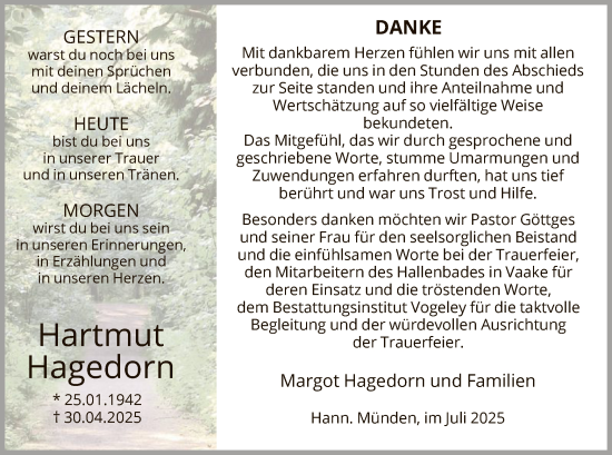 Traueranzeige von Hartmut Hagedorn von HNA