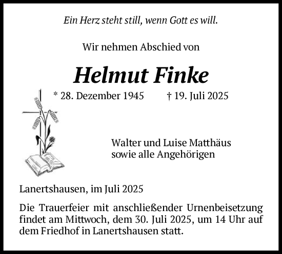 Traueranzeige von Helmut Finke von HNA
