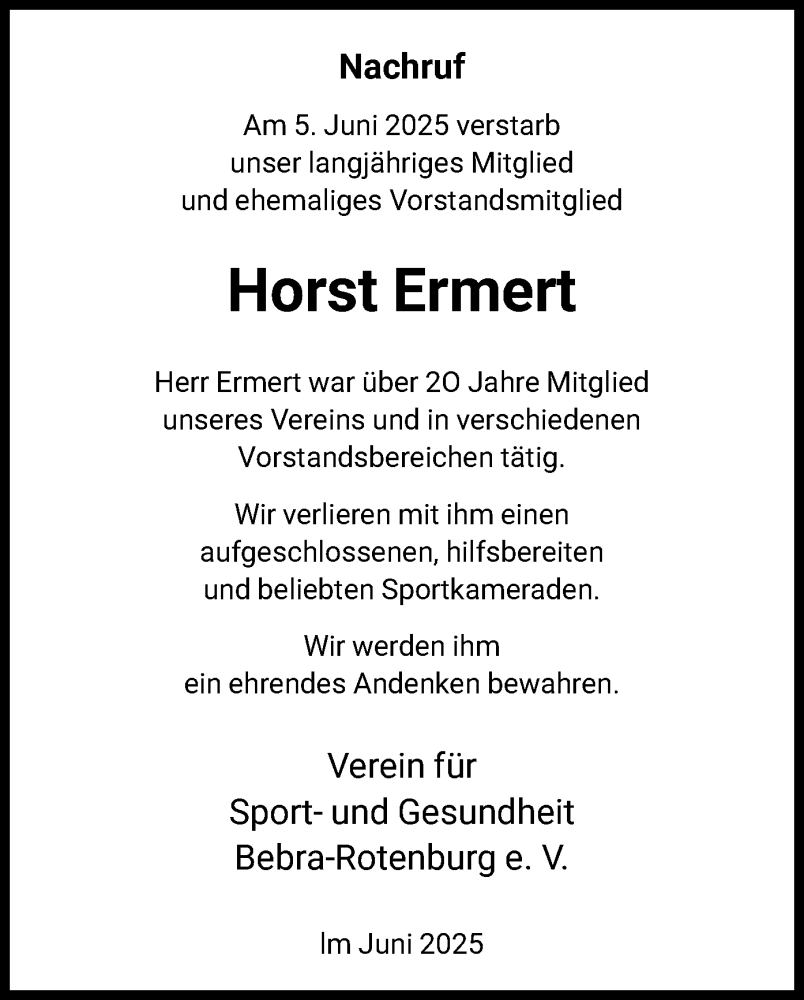 Traueranzeige für Horst Ermert vom 02.07.2025 aus HNA