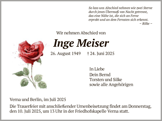 Traueranzeige von Inge Meiser von HNAHNA