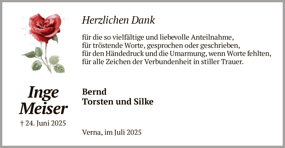  Traueranzeige für Inge Meiser vom 26.07.2025 aus HNAHNA