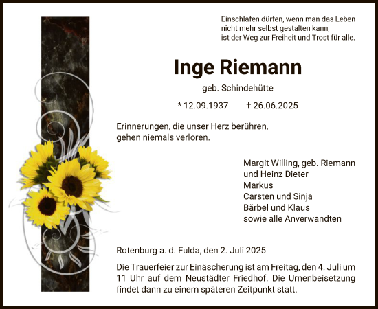 Traueranzeige von Inge Riemann von HNA