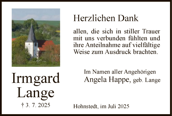 Traueranzeige von Irmgard Lange von HNA