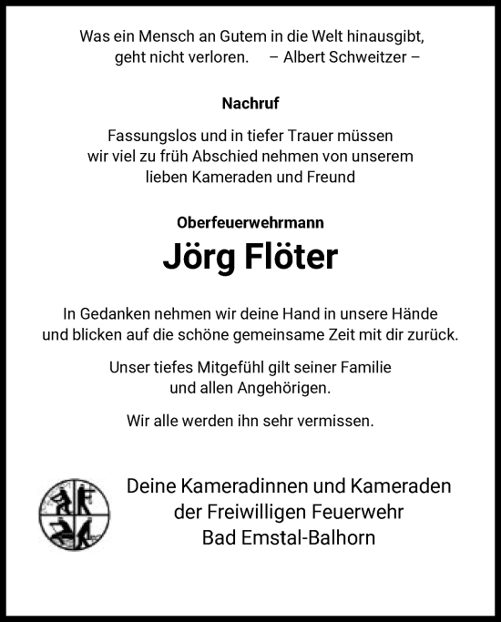 Traueranzeige von Jörg Flöter von HNA