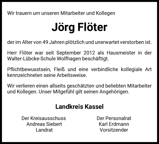 Traueranzeige von Jörg Flöter von HNA