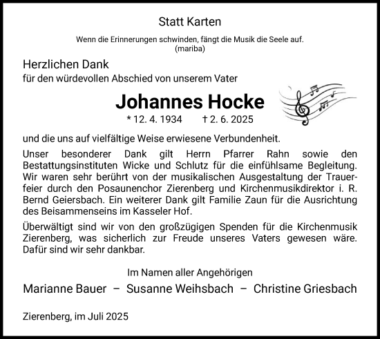 Traueranzeige von Johannes Hocke von HNA