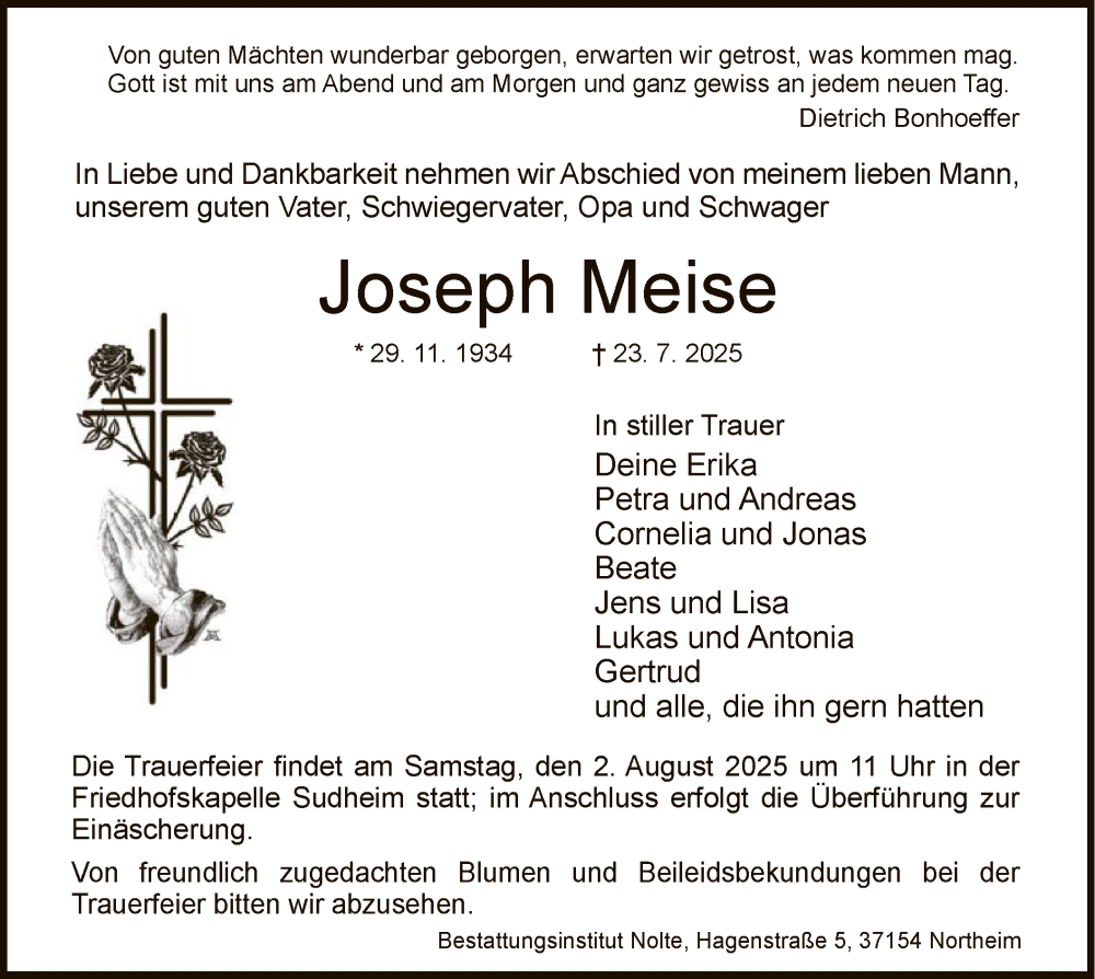  Traueranzeige für Joseph Meise vom 26.07.2025 aus HNA