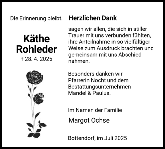 Traueranzeige von Käthe Rohleder von HNA