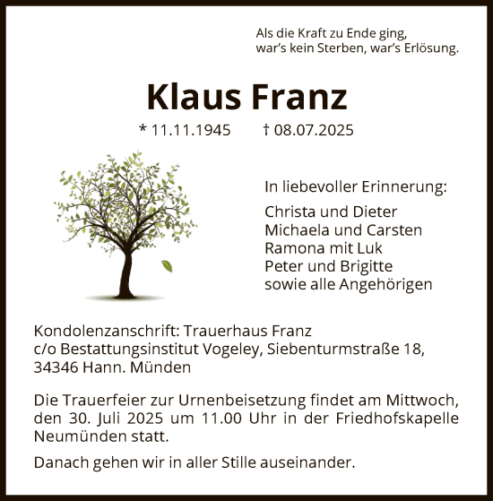 Traueranzeige von Klaus Franz von HNA