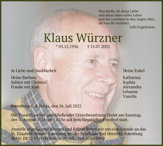 Traueranzeige von Klaus Würzner von HNA