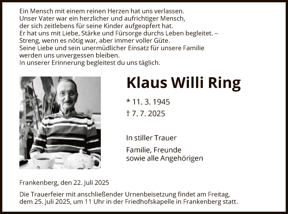  Traueranzeige für Klaus Willi Ring vom 22.07.2025 aus HNA