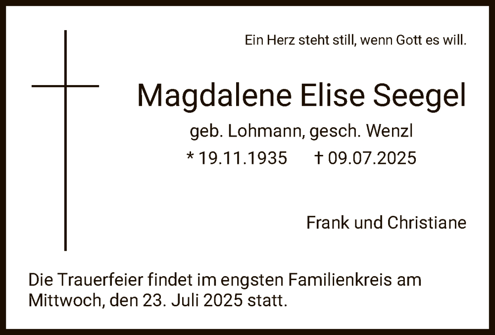  Traueranzeige für Magdalene Elise Seegel vom 19.07.2025 aus HNA