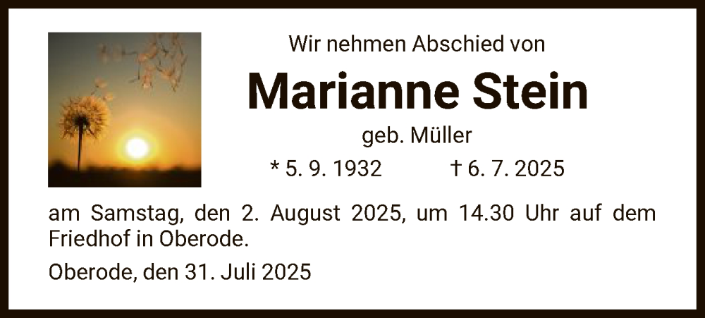  Traueranzeige für Marianne Stein vom 31.07.2025 aus HNA
