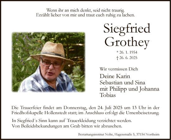 Traueranzeige von Siegfried Grothey von HNA