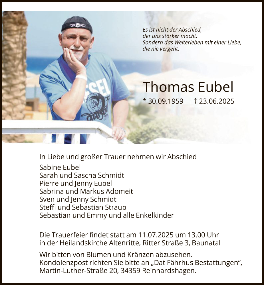  Traueranzeige für Thomas Eubel vom 05.07.2025 aus HNAHNA