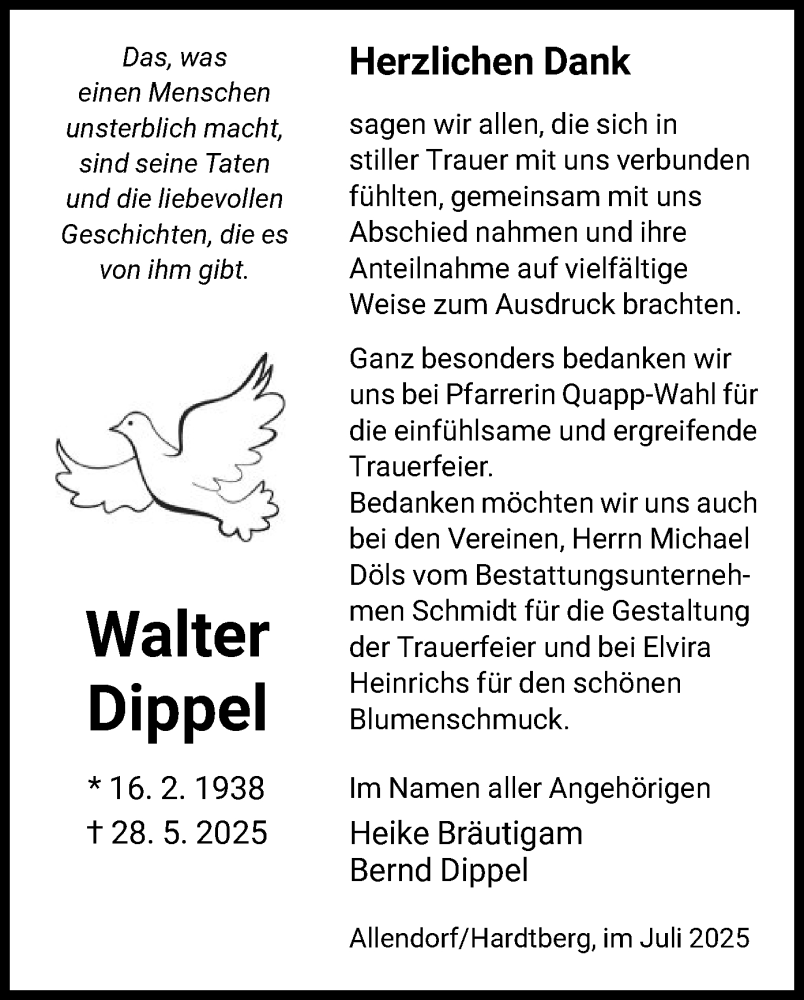  Traueranzeige für Walter Dippel vom 26.07.2025 aus HNA