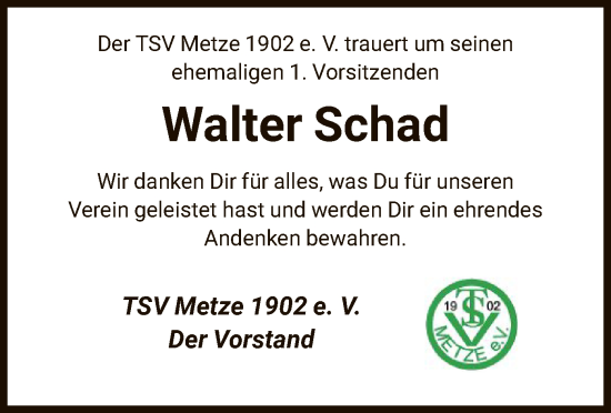 Traueranzeige von Walter Schad von HNA