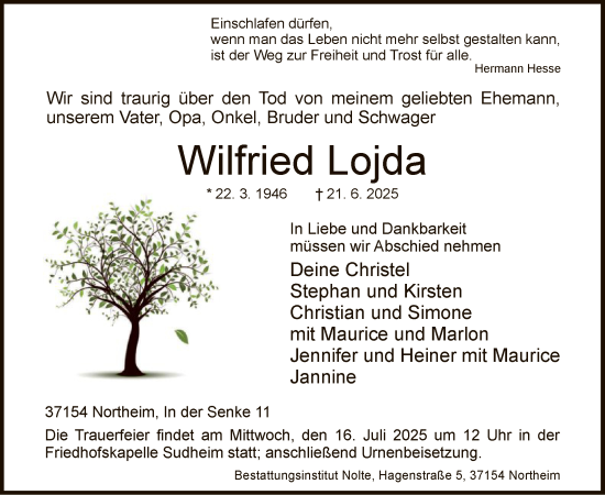 Traueranzeige von Wilfried Lojda von HNA
