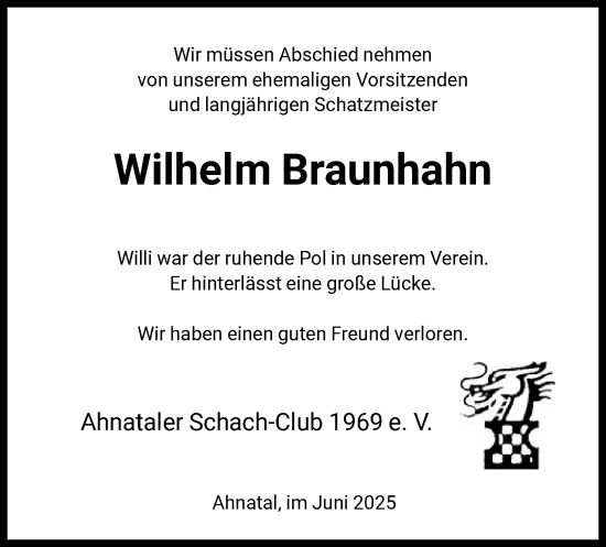 Traueranzeige von Wilhelm Braunhahn von HNA