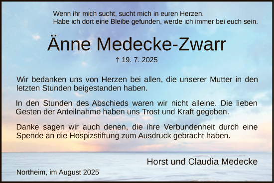 Traueranzeige von Anne Medecke-Zwarr von HNA