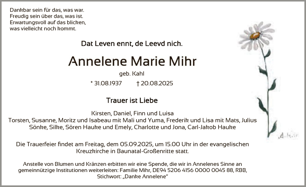  Traueranzeige für Annelene Marie Mihr vom 30.08.2025 aus HNAHNA
