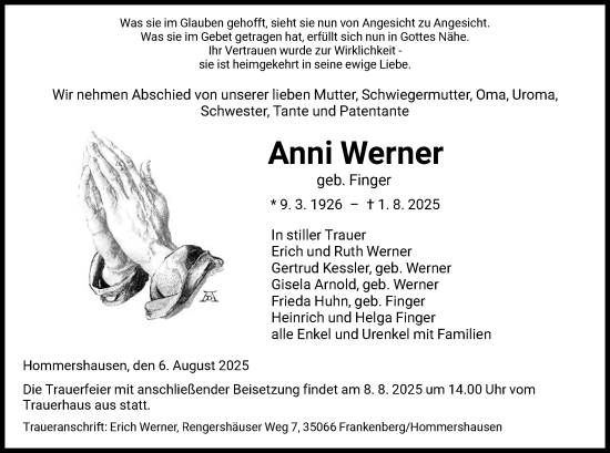 Traueranzeige von Anni Werner von HNA