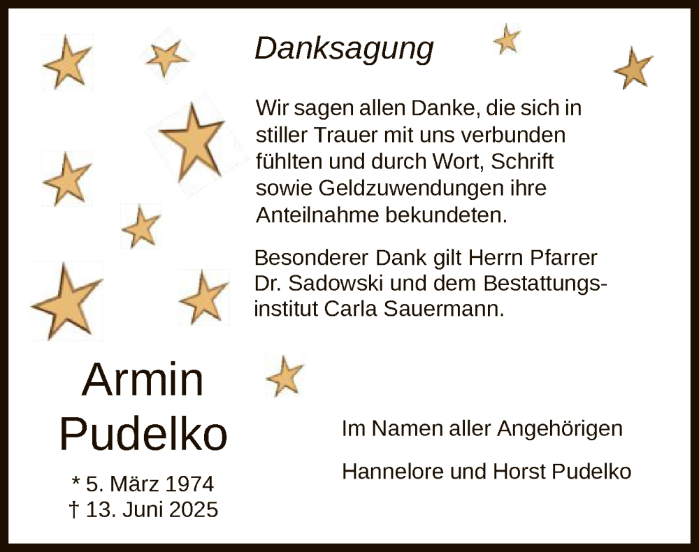  Traueranzeige für Armin Pudelko vom 09.08.2025 aus HNA