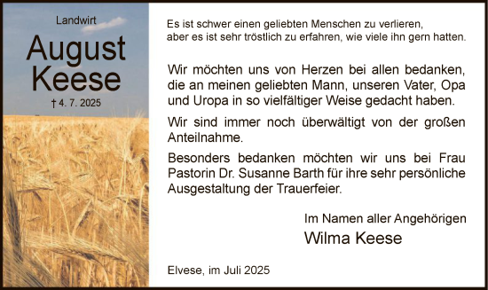 Traueranzeige von August Keese von HNA
