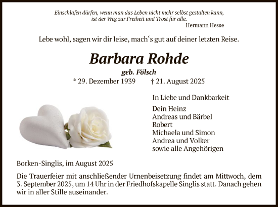 Traueranzeige von Barbara Rohde von HNA