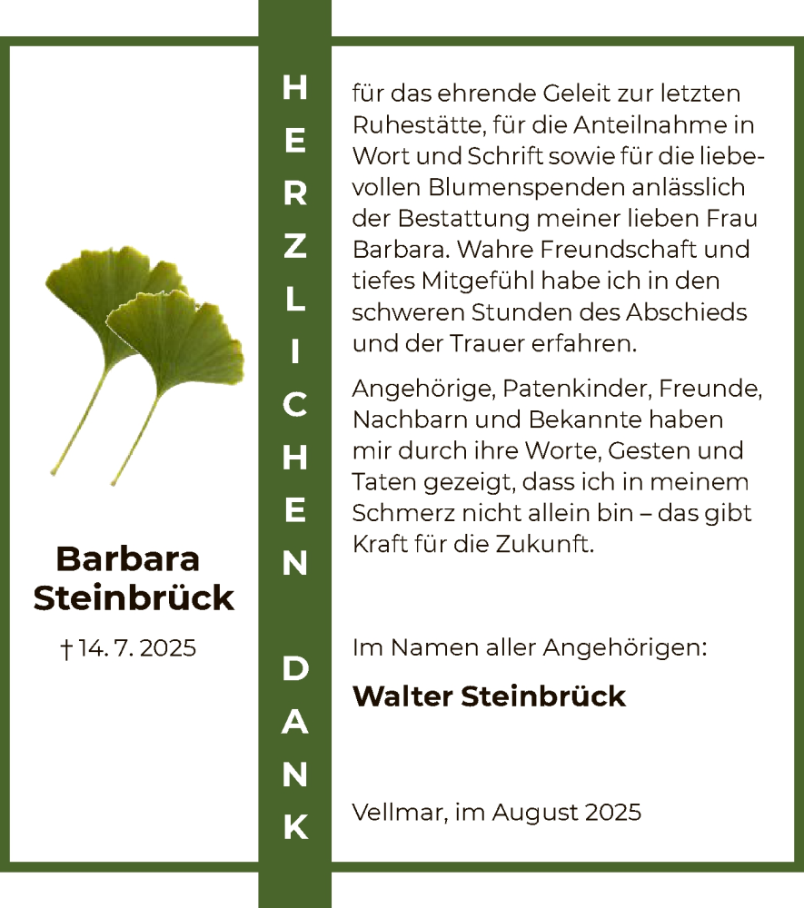  Traueranzeige für Barbara Steinbrück vom 09.08.2025 aus HNA