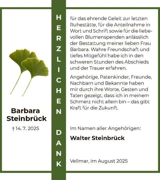 Traueranzeige von Barbara Steinbrück von HNA