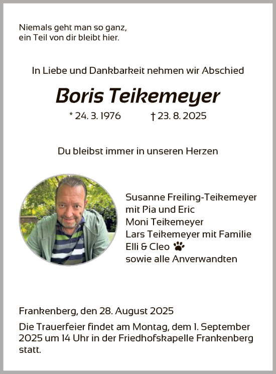 Traueranzeige von Boris Teikemeyer von HNA