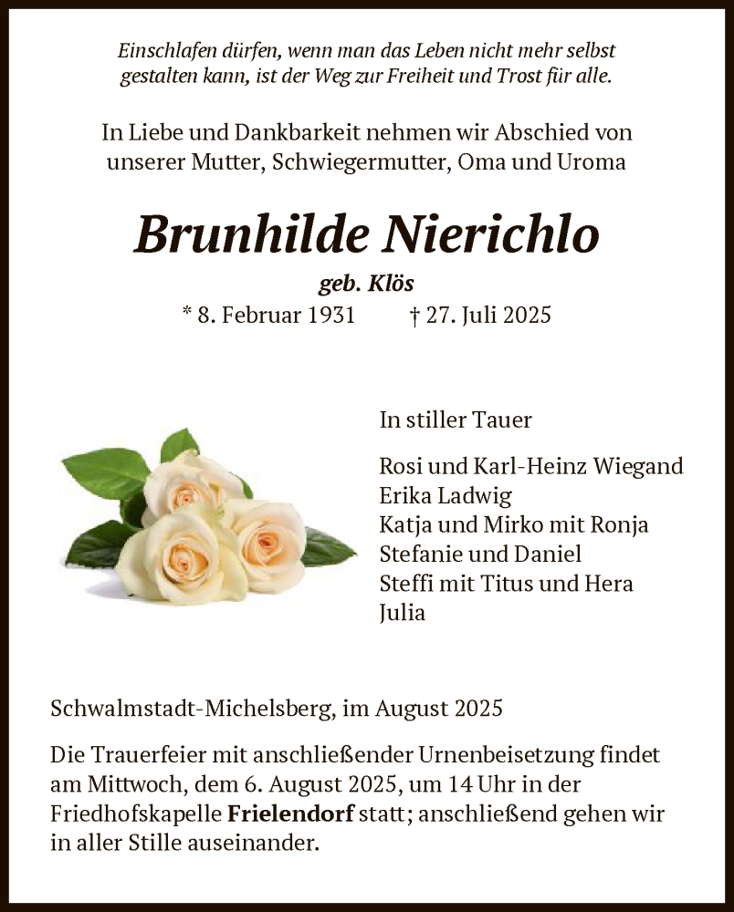  Traueranzeige für Brunhilde Nierichlo vom 02.08.2025 aus HNA