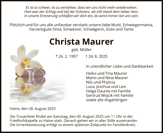 Traueranzeige von Christa Maurer von HNA