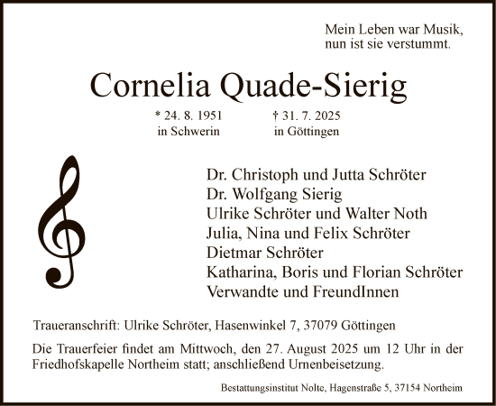 Traueranzeige von Cornelia Quade-Sierig von HNA