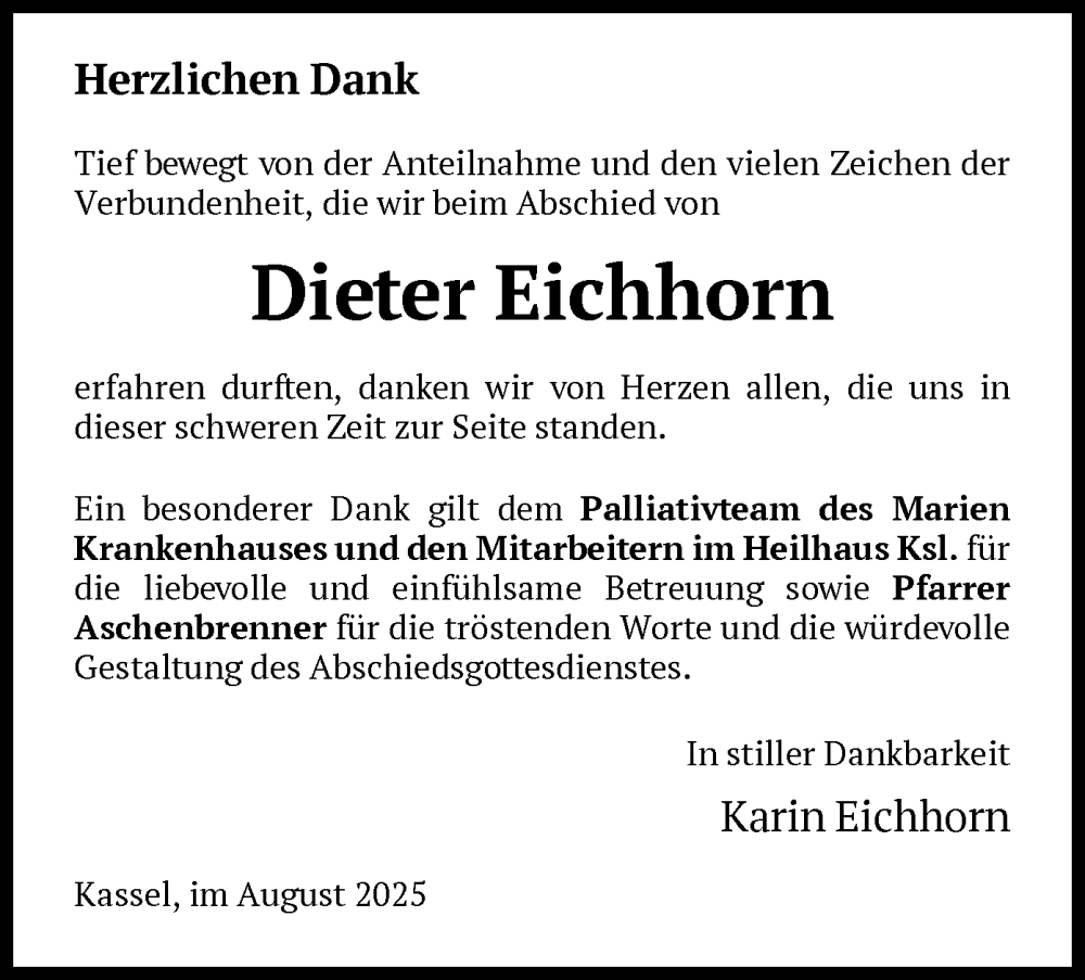  Traueranzeige für Dieter Eichhorn vom 16.08.2025 aus HNA