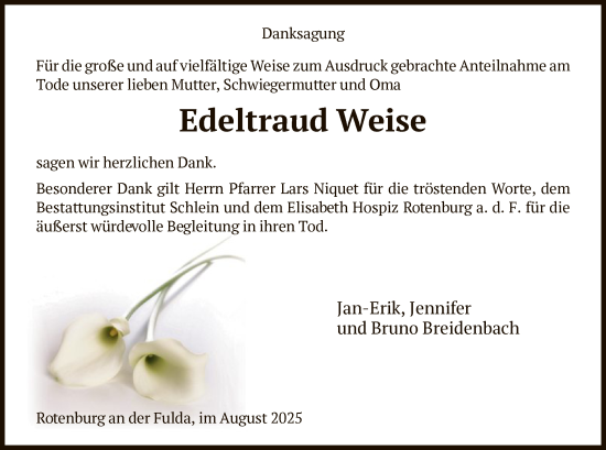 Traueranzeige von Edeltraud Weise von HNA