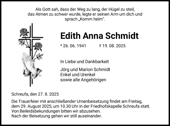 Traueranzeige von Edith Anna Schmidt von HNA