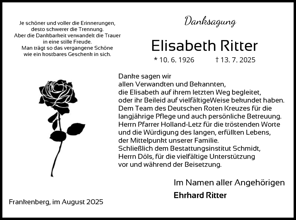  Traueranzeige für Elisabeth Ritter vom 28.08.2025 aus HNA